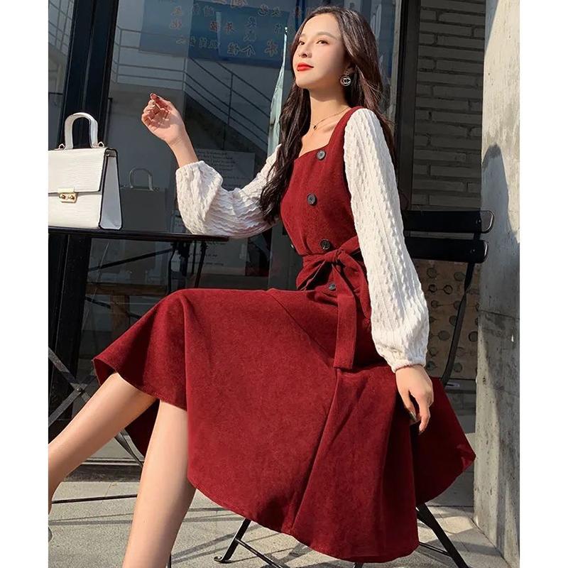 Large Size Dress Spring Dress Waist Waist Was Thin  Fake Two Pieces of Western Style Age-reducing French Retro Long Skirt