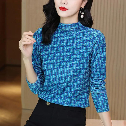 Bottoming Shirt Women's Spring and Autumn Thin Print Slim Half Turtleneck Letter Top T-shirt