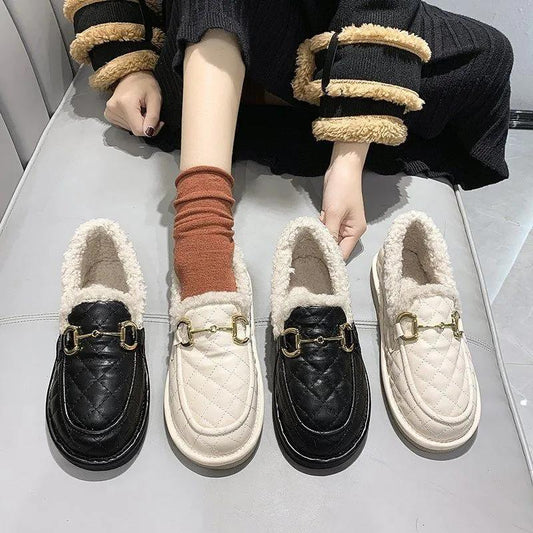 Women's Plush Cotton Shoes for Winter Wear Flat-bottomed Non-slip Plus Velvet Thick One-step Lazy Beanie Shoes Ladies Warm Moccasin Shoes