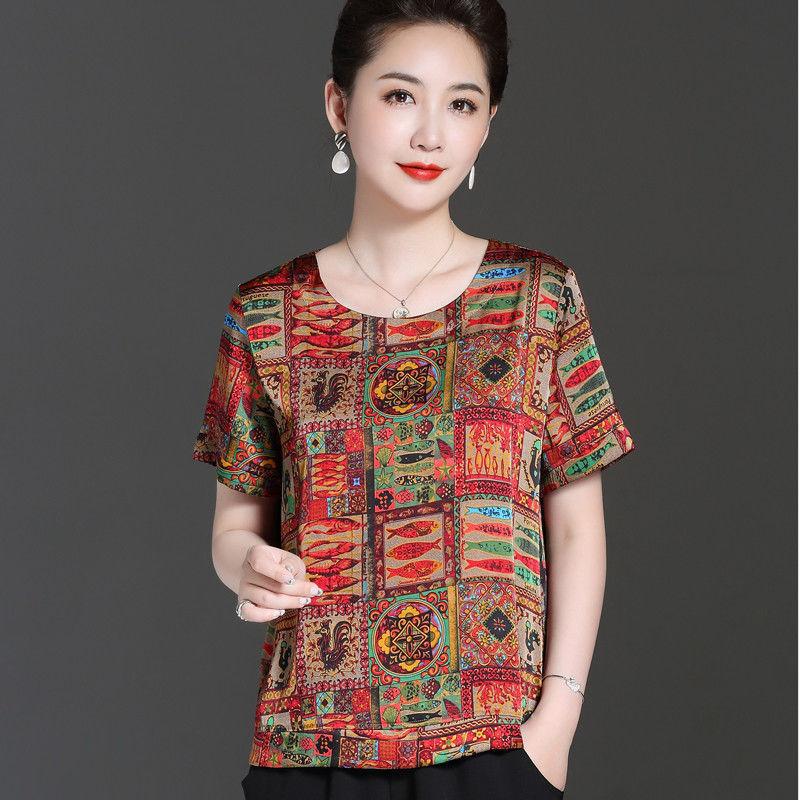 Summer New Middle-aged Mothers Wear Short-sleeved Ice Silk T-shirt Female Printing Ethnic Style Large Size Bottoming Shirt Top