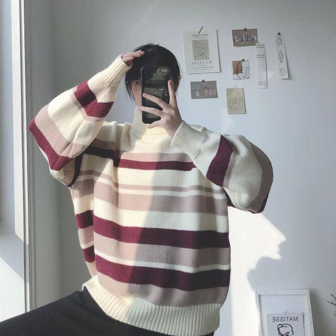 Autumn and Winter Turtleneck Striped Loose Sweater Female Hedging Was Thin Wild Sweater