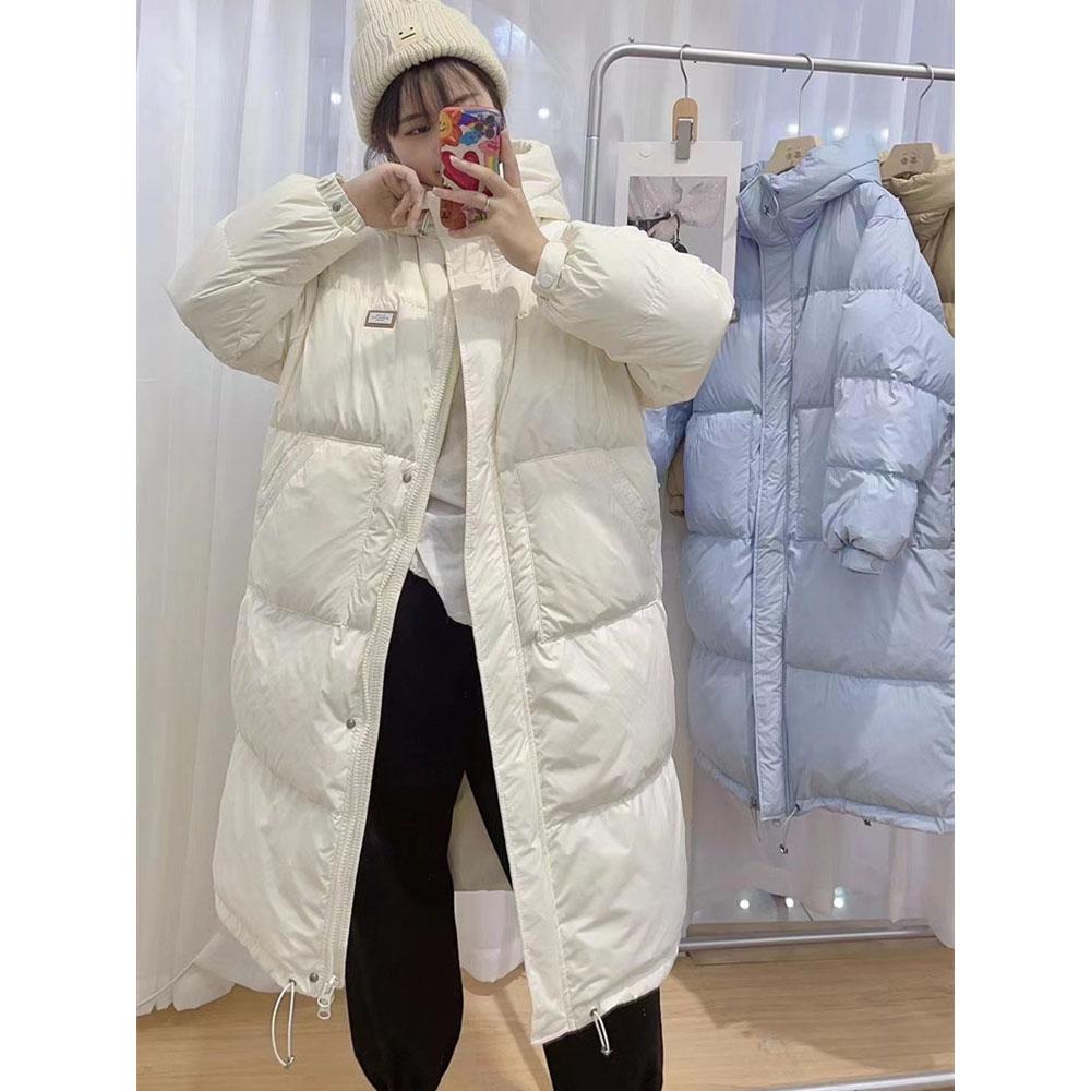 Korean Version of Simple and Versatile Small Hooded Down Jacket Women's Long Over-the-knee White Duck Down Warm and Thin Coat In Winter