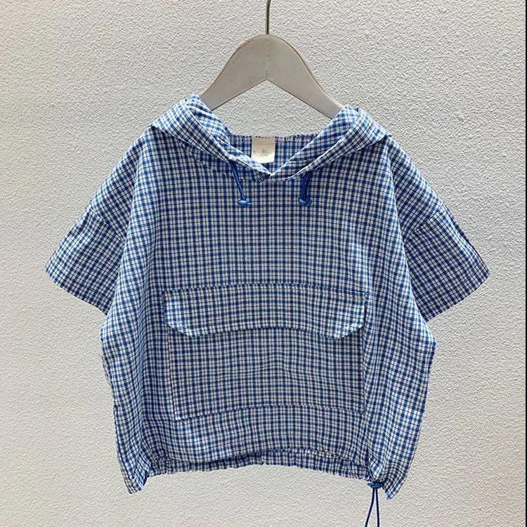 Boy's Summer Suit Two-piece Suit for Children Korean Version of Children's Cotton Plaid Hooded Two-piece Suit