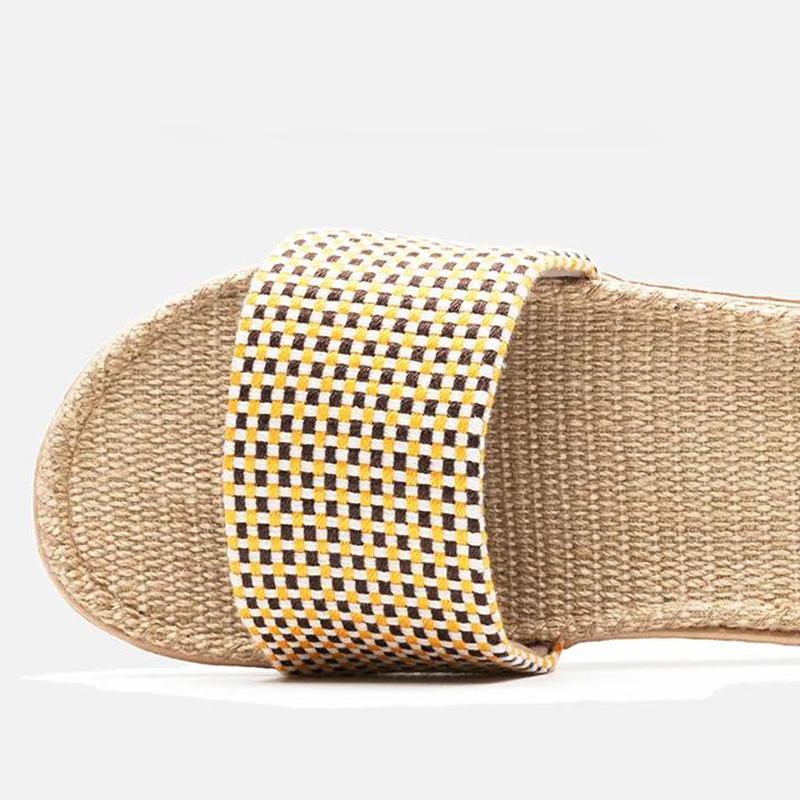 Summer Men and Women Couple Slippers Check Linen Slippers Sweat-absorbent Non-slip Ultra-light Sandals and Slippers Comfortable Home