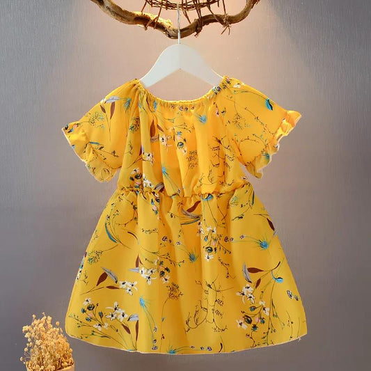 Girls Printed Sweet Chiffon Dress Waist 1-7 Years Old Lady Princess Skirt Loose A-line Skirt Fabric Light and Breathable