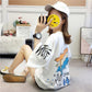 Graffiti Painting Women Dress Girl Loose O-Neck Casual Long T-shirt Dress Big Loose Home Comfort Outer Convenient