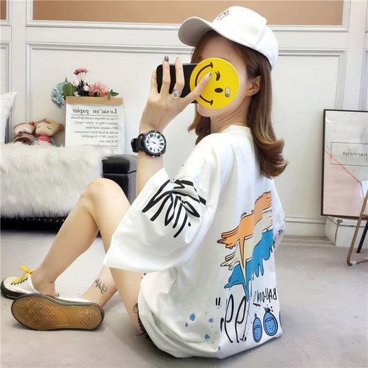 Graffiti Painting Women Dress Girl Loose O-Neck Casual Long T-shirt Dress Big Loose Home Comfort Outer Convenient