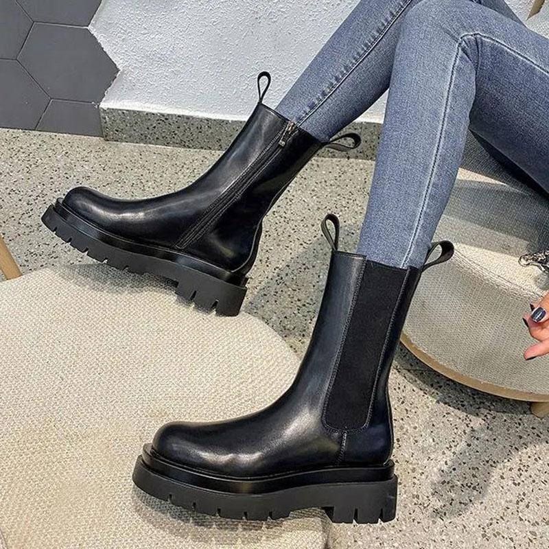 Martin Boots Women Autumn Winter Elastic Mid-tube Boots Thick-soled Boots Single Inner Side Zipper Boots Women