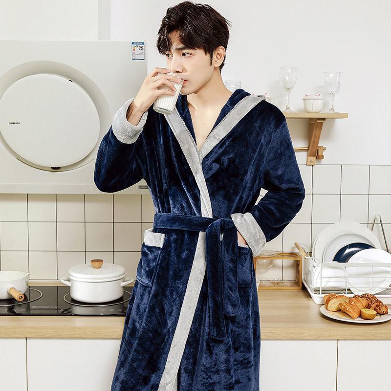 Men's Nightgown Hooded Autumn and Winter Long Coral Fleece Plus Velvet Thick Bathrobe Flannel Pajamas Winter Home Service