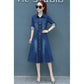 Denim Dress Women's Spring and Autumn Waist Tightening Long-sleeved Mid-length A-line Dress
