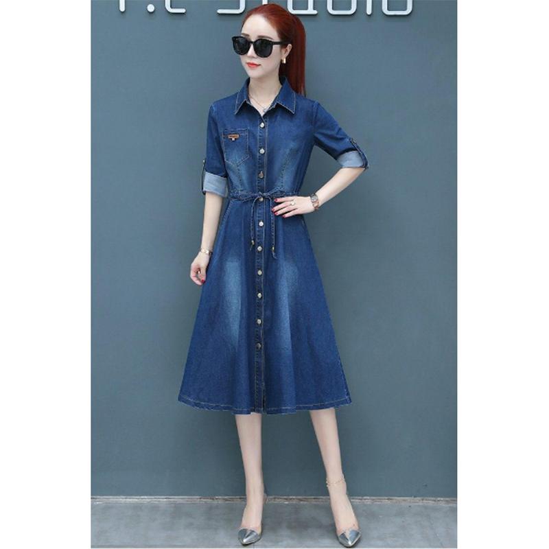 Denim Dress Women's Spring and Autumn Waist Tightening Long-sleeved Mid-length A-line Dress