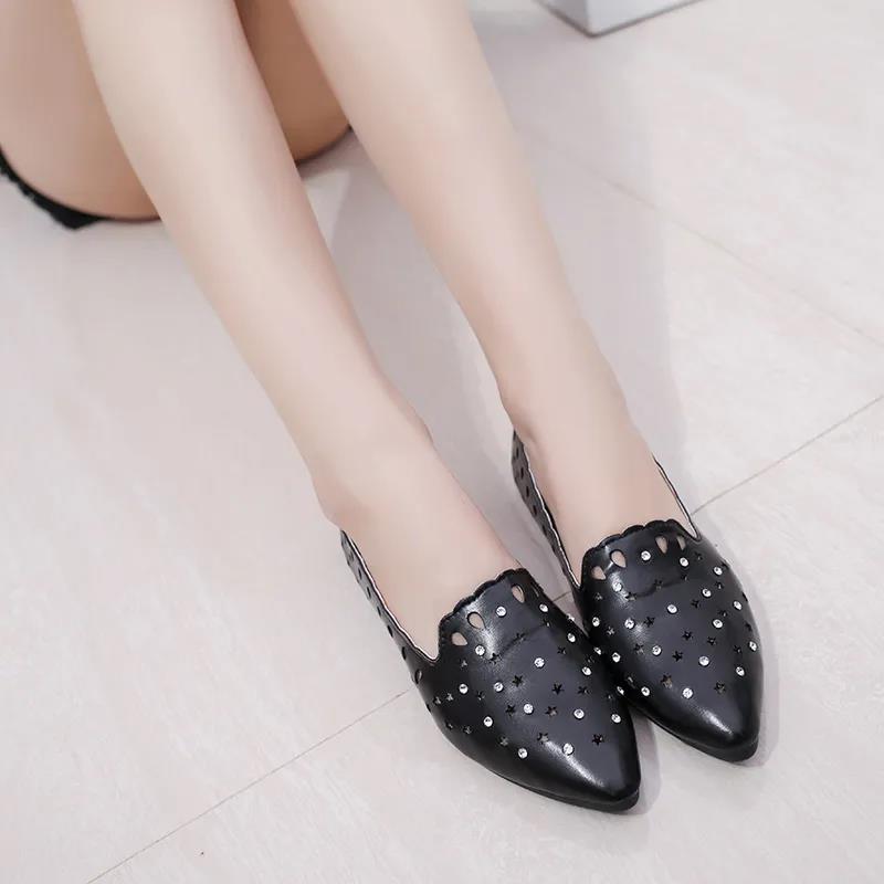 Pointed Toe Pumps Women's Spring and Summer Flat Heels Non-slip Rhinestones All-match Outer Wear Hollow Single Shoes