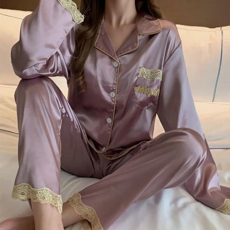 Women's Spring Autumn Long-sleeved Pajamas Set Thin Ice Silk Embroidered Homewear Sexy Simulation Silk Casual Suit Outer Wear Pyjamas Sleeping Suit