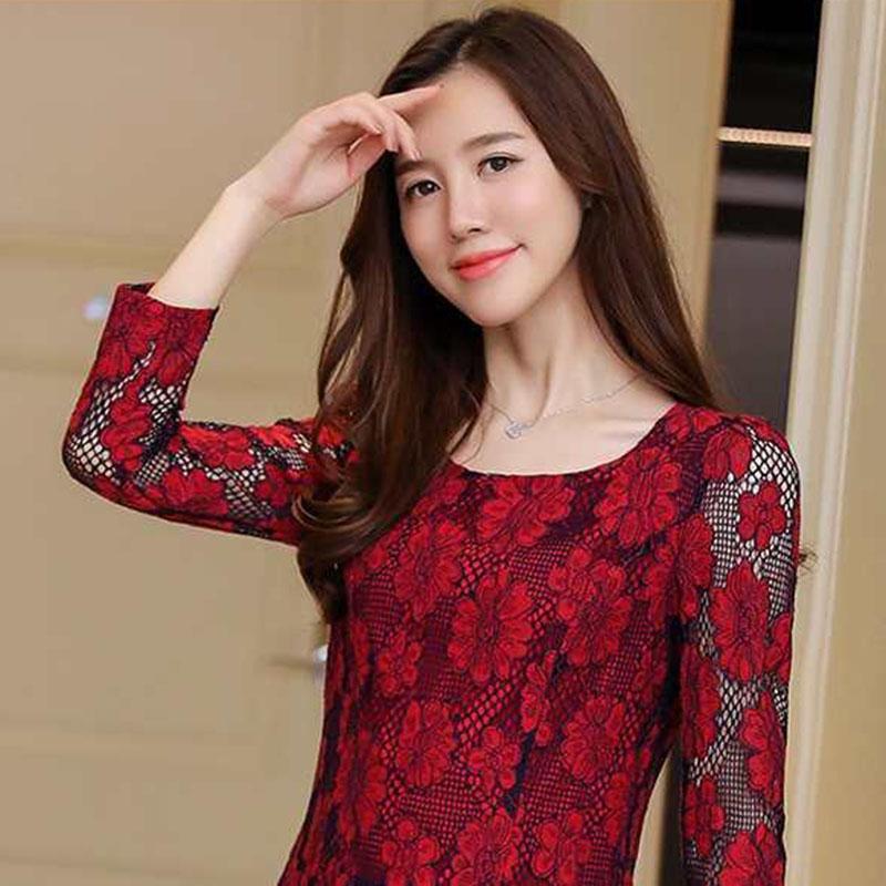 Women's Spring and Autumn Plus Size Long Sleeve Bottoming Shirt Lace Round Neck Slim Top