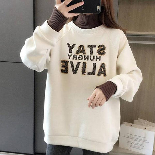 Cotton Thick Sweater Women Autumn and Winter Fake Two-piece Splicing Tops Student High Collar Loose Jacket