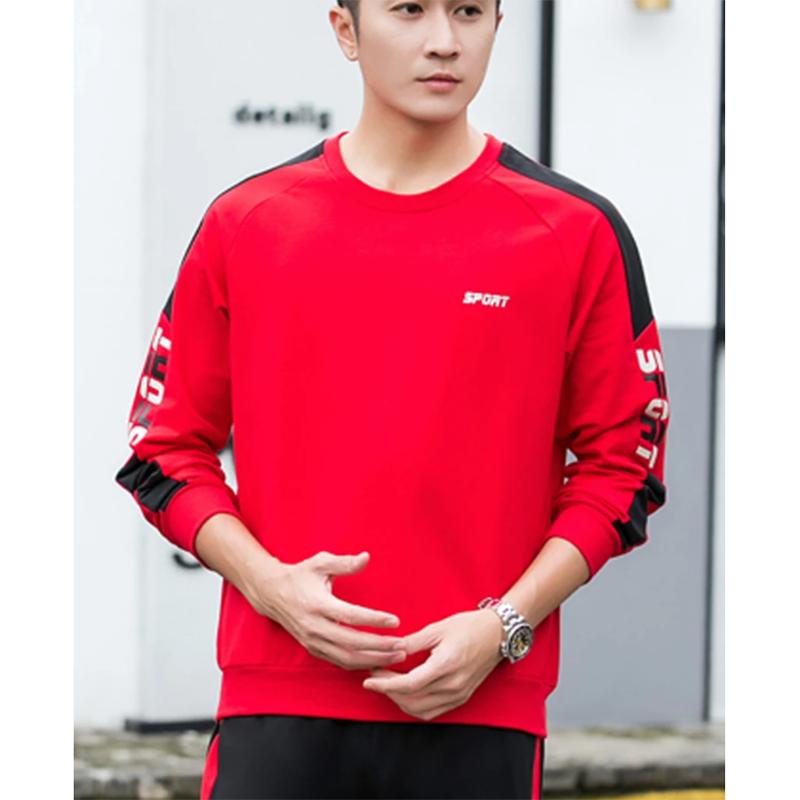 Men's Spring and Autumn Cotton Shirt Pullover Round Neck Long-sleeved Loose Casual Printing Sportswear Male Loose Red Black Tracksuit Sport Costume