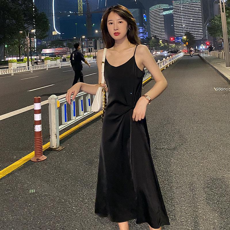 Summer Women Sleeveless Suspender Dress V-neck Silk Long Braces Skirt