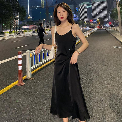Summer Women Sleeveless Suspender Dress V-neck Silk Long Braces Skirt