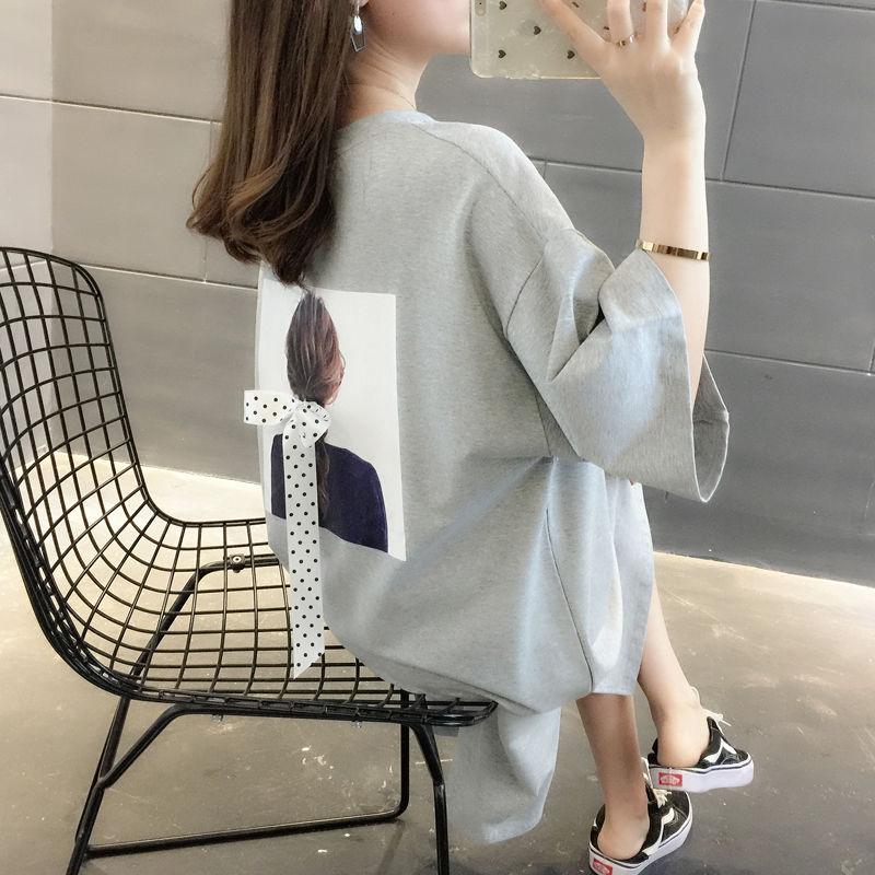 Long Split Back Bow Women Dress Girl Loose O-Neck Batwing Sleeve Casual T-shirt Dress Big Loose