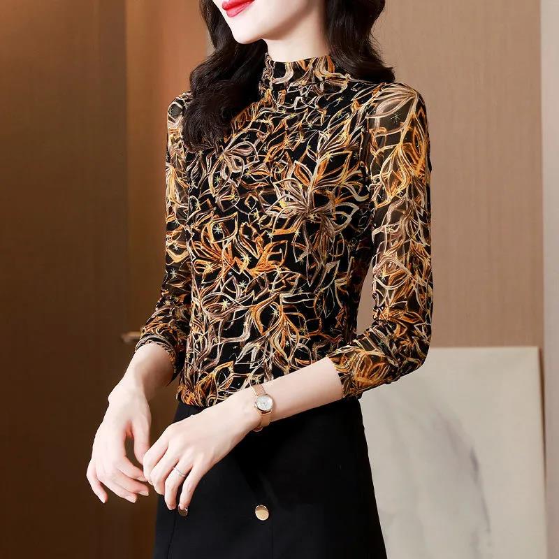 Thin Print Slim Half Turtleneck Letter Top T-shirt Bottoming Shirt Women's Spring and Autumn T-shirt