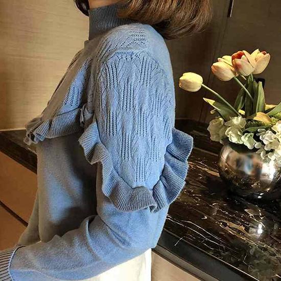 Pofulove Girly Ruffles Neck V-shaped Lace Knitwear Skin-friendly High Elastic Women Jumper Sweater