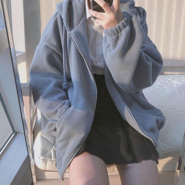 Women's Large Size Zipper Plush Hooded Sweater Autumn and Winter Loose Blue Top Girl's Casual Versatile Street Warm Coat
