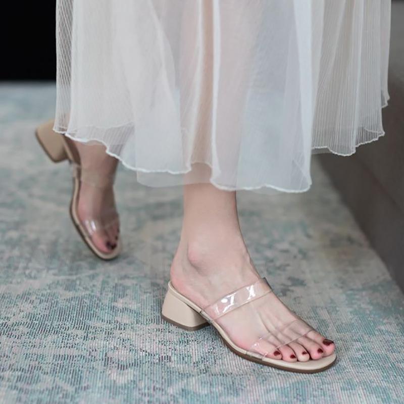 Sandals and Slippers Women's Summer Wear Fashionable Thick-heel Mid-heel Flip-flops Transparent Sandals