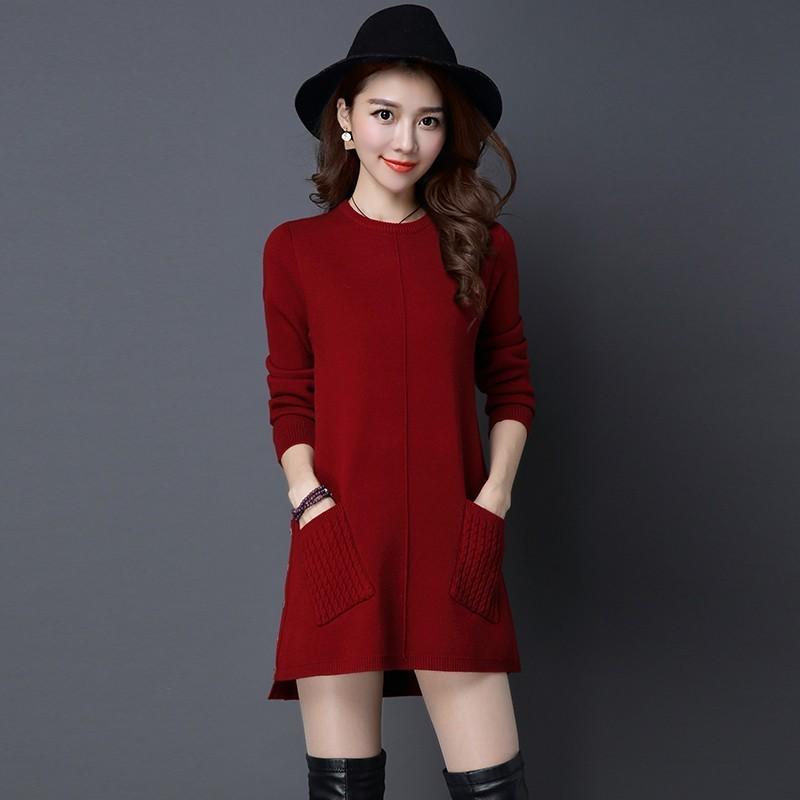Women's Mid-length Pullover Sweater Loose Simple Irregular Hem Bottoming Sweater  Knitted Sweater Dress  with Pockets