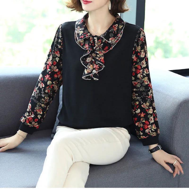 Shirt Women's Plus Size Spring and Autumn Lapel Loose Small Shirt Casual Fashion Mother Long-sleeved Slimming Top