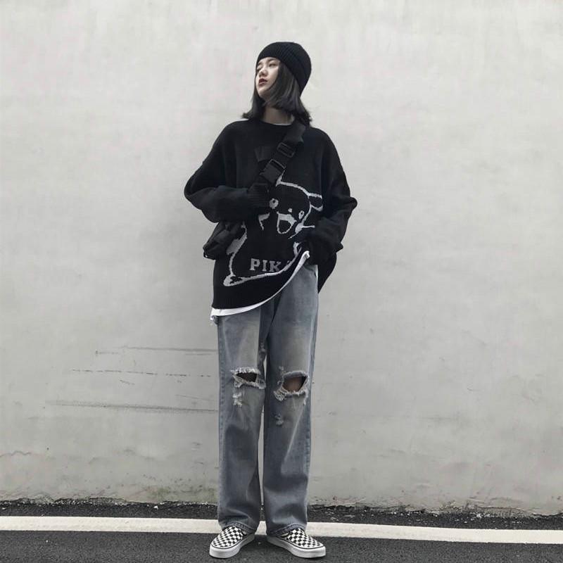 Pofulove Winter Pullover Sweater Women Pikachu Cartoon Pattern Harajuku Style Shirt Round Neck Loose