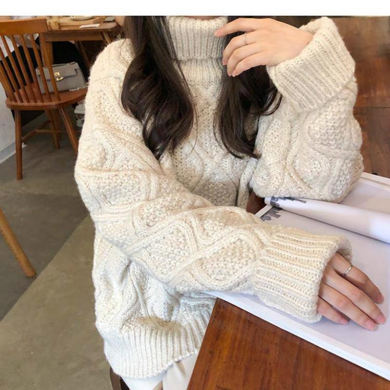Pofulove Thick Solid Color Twist Turtleneck Sweater Schoolgirl Winter Warm Sweet Pullover Sweater Coat