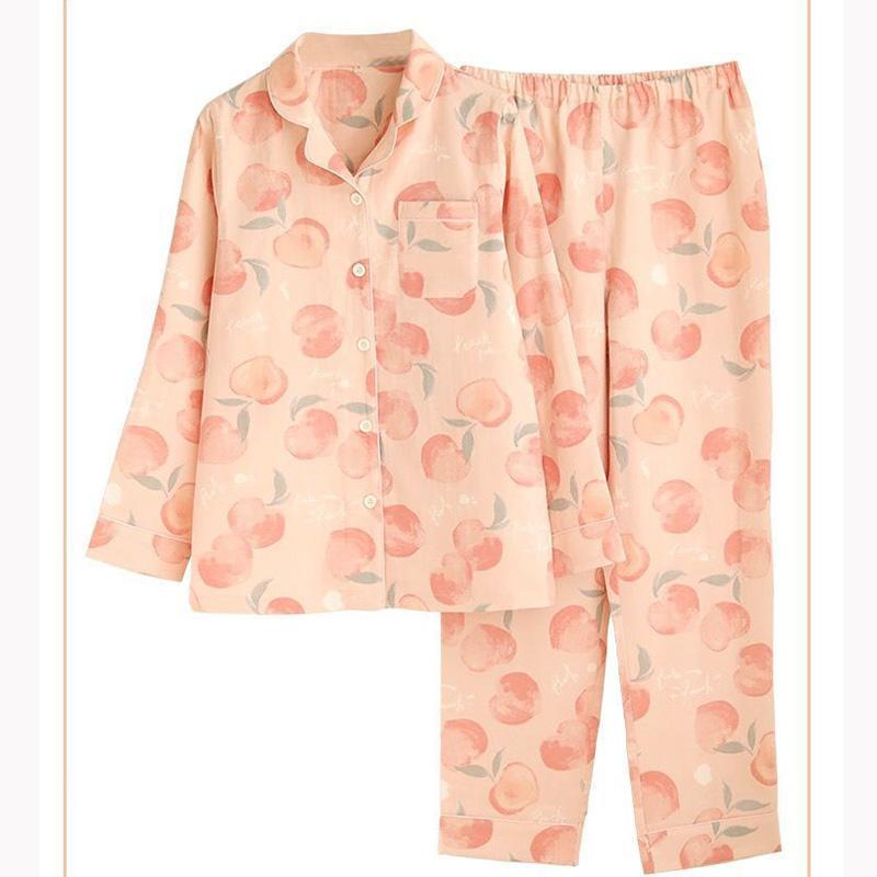 Women's Spring Autumn Long-sleeved Pajamas Peach Printing Cute Sweet Outerwear Homewear Loose Casual Suit
