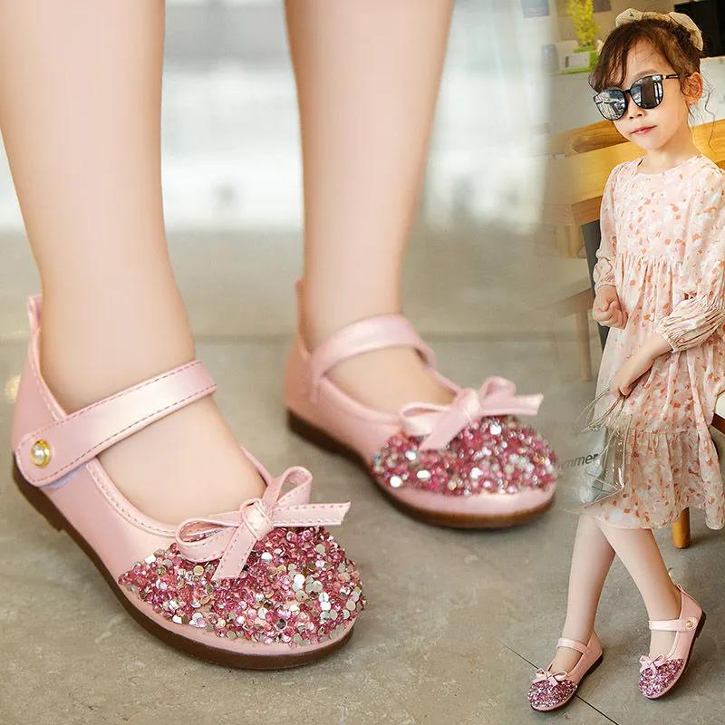Girls' Leather Shoes Spring and Autumn Non-slip Soft Sole Children's Single Shoes Baby Peas Shoes Crystal Girl Princess Shoes