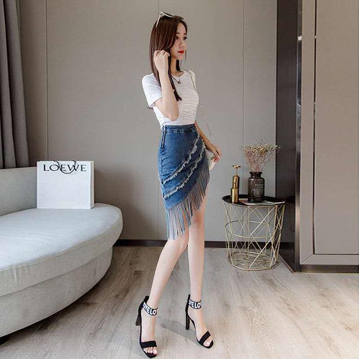 Pofulove Women High Waist Slim Fringed Denim Skirt Anti-light Bag Hip Skirt Casual A-line Skirts