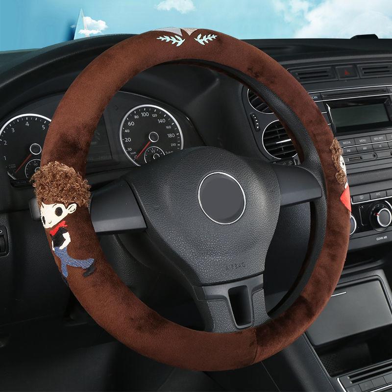Wool Steering Wheel Cover Cartoon Doll Embroidery Steering Wheel Cover Winter Warm Car Interior