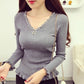 Autumn and Winter V-neck Knitted Bottoming Shirt Sweet Style Wood Ear Tight-fitting Sweater Beaded All-match Female Top