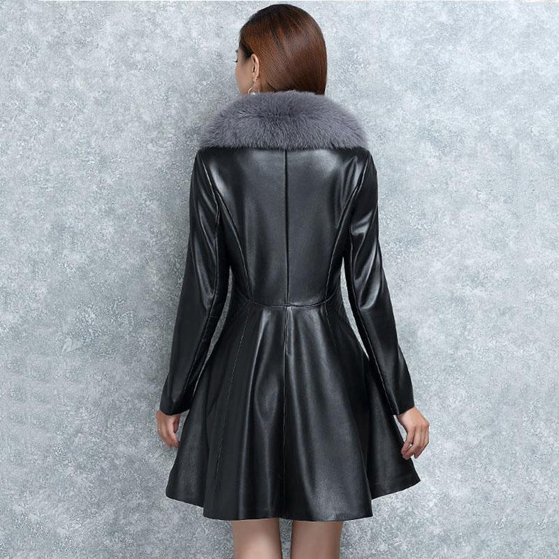 Winter Imitation Fox Fur Collar and Cotton Fur Mid-length Slim Fit All-match Leather Jacket Fashion Simple Female Jacket