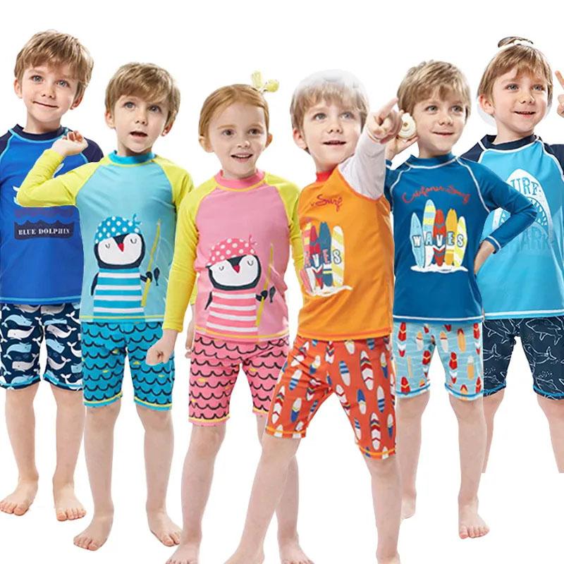 Children's Swimsuit Boy Cartoon Printing Separate Swimwear Boy Middle-aged Long-sleeved Swimming Trunks Quick-drying Bathing Suit