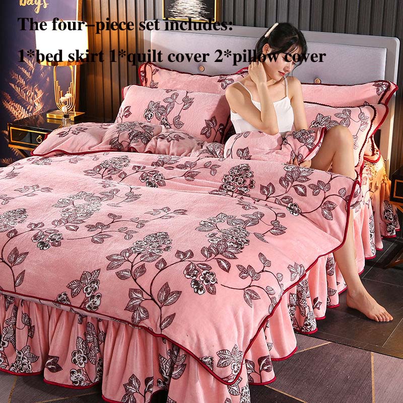 Warm Flannel Four-piece Thick Gold Mink Fleece Bed Skirt Quilt Cover Pillowcase Set Winter Double Bed Supplies
