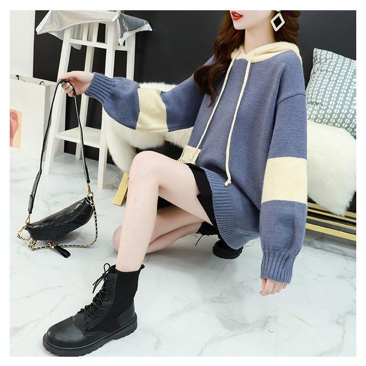 Lazy Style Pullover Sweater Women Loose Loose Outer Wear All-match Jacket Thick Hooded Knitted Coat