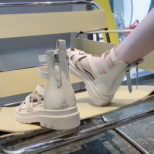 Net Red Women's Spring and Summer Sandals Flip Toe Platform Platform Women's Shoes Back Zipper Roman High Cutout Sandals