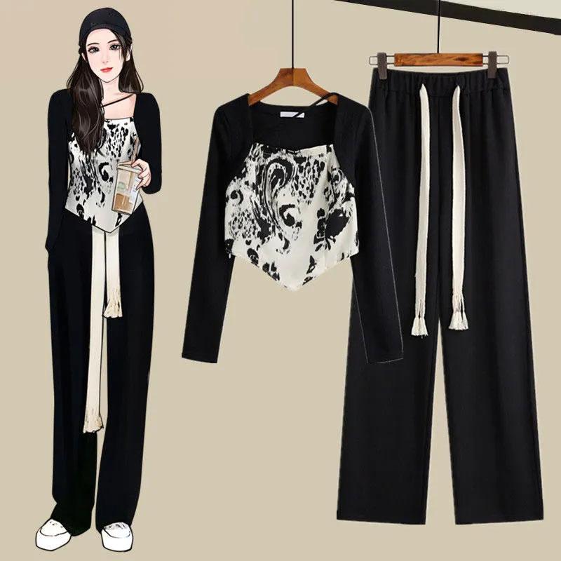 2PCS Women's Suit Autumn Pure Desire Gentle Long-Sleeve Top + Floor-Mopping Wide-Leg Trousers Two-piece Set Casual Personality Girl Jogging Suit