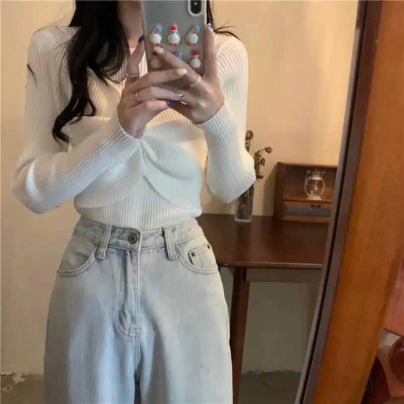 Women's Round Neck Pullover Bottoming Shirt Korean Fashion Fake Two Pieces Lace Knit Sweater