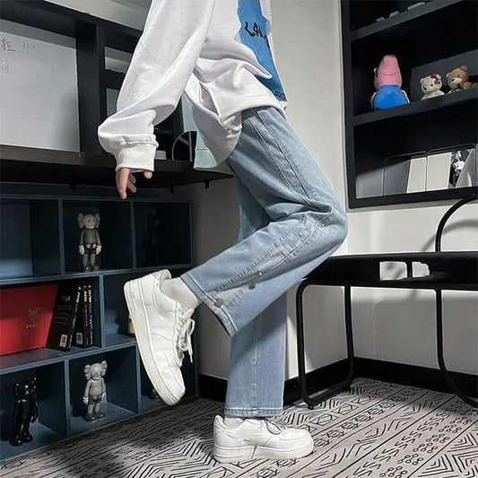 Men's Loose Straight Wide-leg Pants Autumn Ins Plaid Stitching Jeans Pendant Long Pants