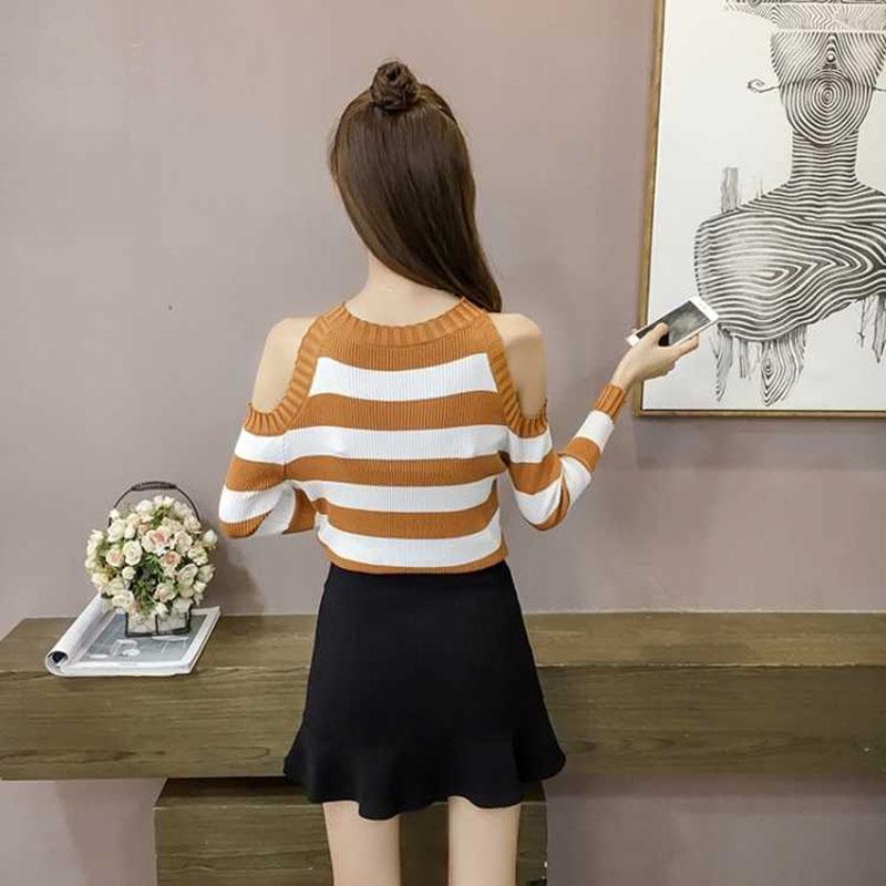 Pofulove Women's Striped Knitted Sweater Long Sleeve Turtleneck Pullover Sexy Off Shoulder Sweater