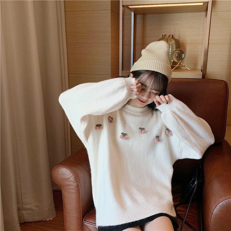 Autumn  Winter Korean Version Sweet Three-dimensional Cherry Pullover Long-sleeved Sweater Sweater Women Loose Outer Wear