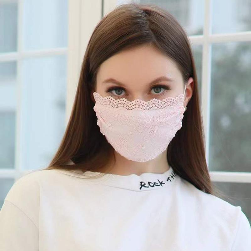 Women's Pearl Lace Masks Dustproof UV-proof Breathable Washable Thin Masks Adjustable Earloop Adult Windproof Facial Nose Face Mouse Masks
