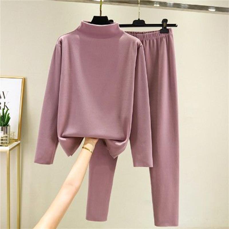 Turtleneck Bottoming Shirt Women Autumn and Winter Double-sided Fleece Heating Warmth Thickened Autumn Clothes Long Trousers Two-piece Suit