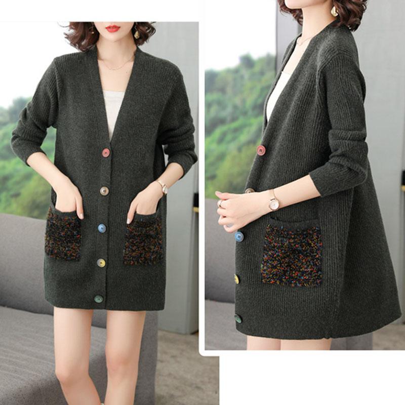 Spring and Autumn Mid-length Wool Sweater Plus Size Fashion Embroidered Blouse Simple Cardigan Middle-aged Women Jacket