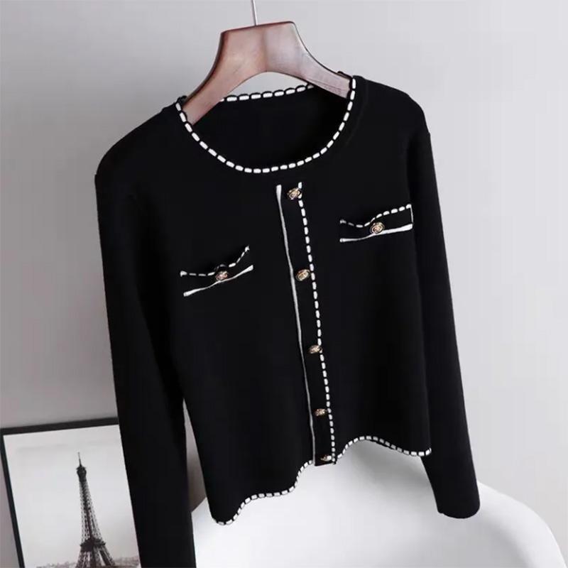 Color-blocking Long-sleeved Knitted Sweater Women's Suit Collar Pocket Shirt Temperament Age-reducing Cardigan